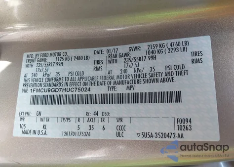 2017 Ford Escape Se z USA, uszkodzony, nr VIN 1FMCU9GD7HUC75024